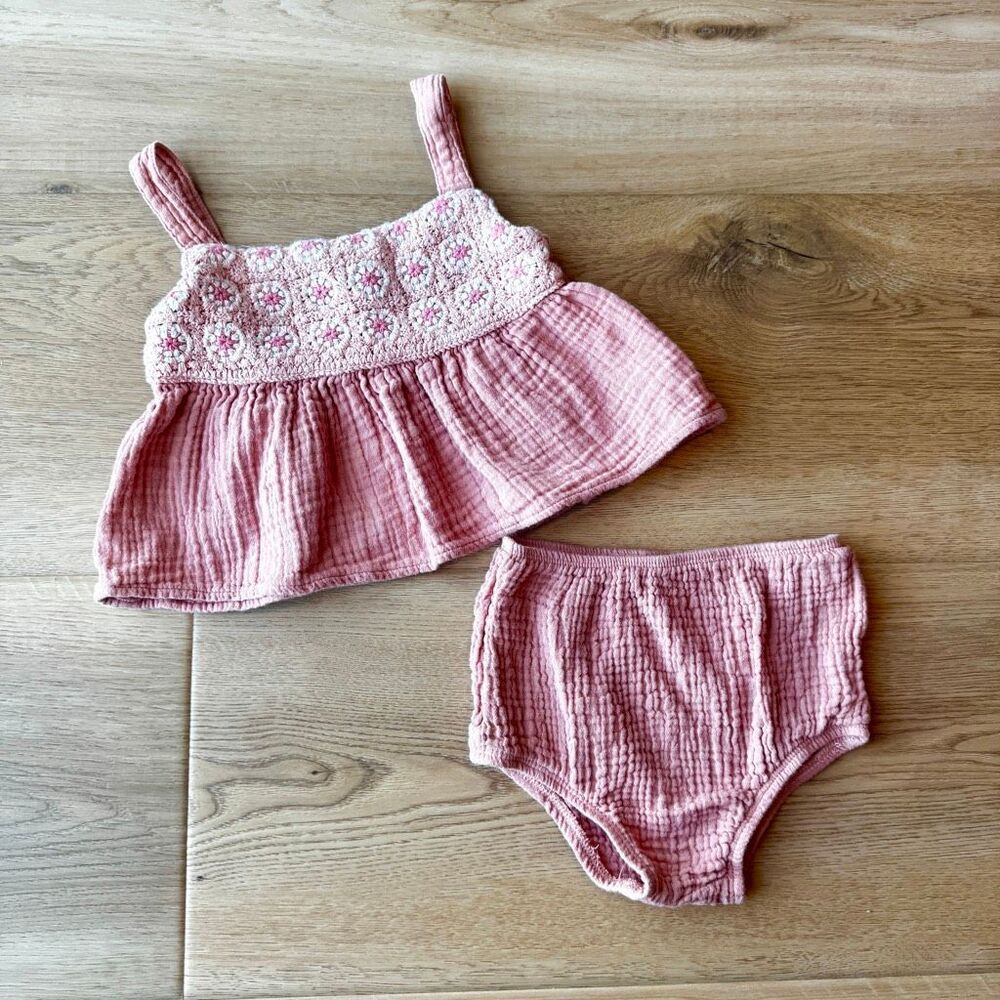 Modern Moments Gerber Toddler Girl Pink Muslin Crochet Cotton Top Shorts Set 2T